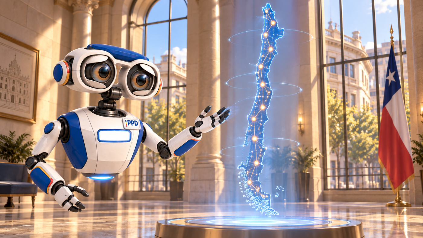 Un robot del PPD presenta un holograma del mapa de Chile, con sus regiones conectadas
