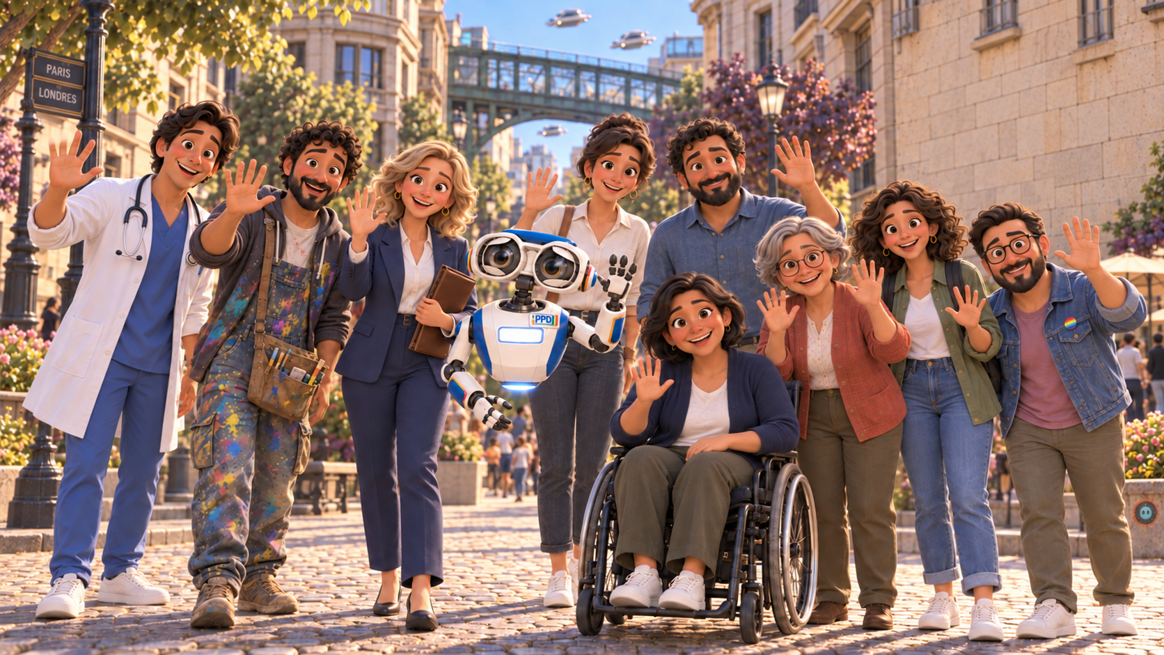 Un grupo de personas saluda junto al robot del PPD, en la esquina de París y Londres