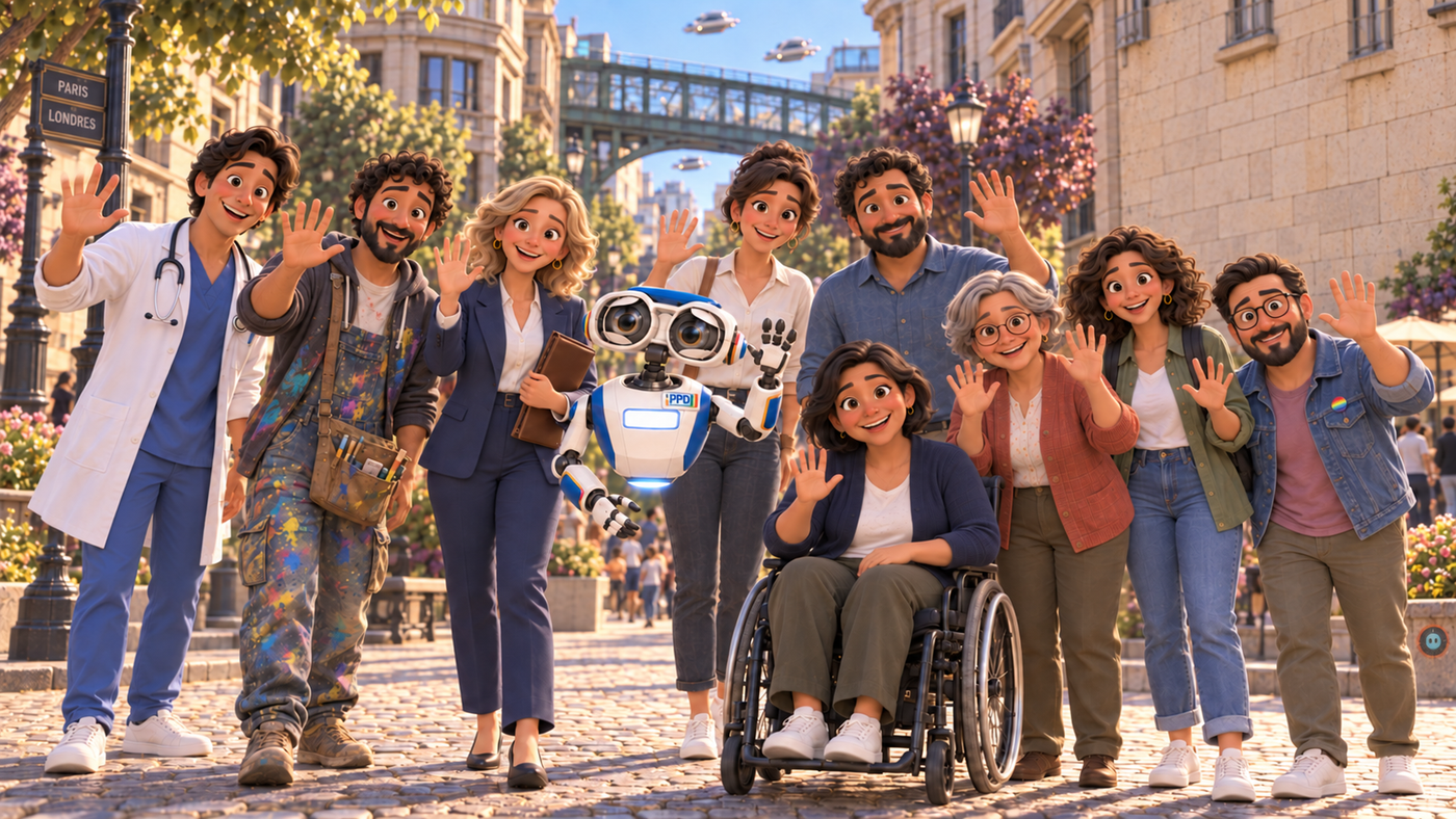 Un grupo de personas saluda junto al robot del PPD, en la esquina de París y Londres